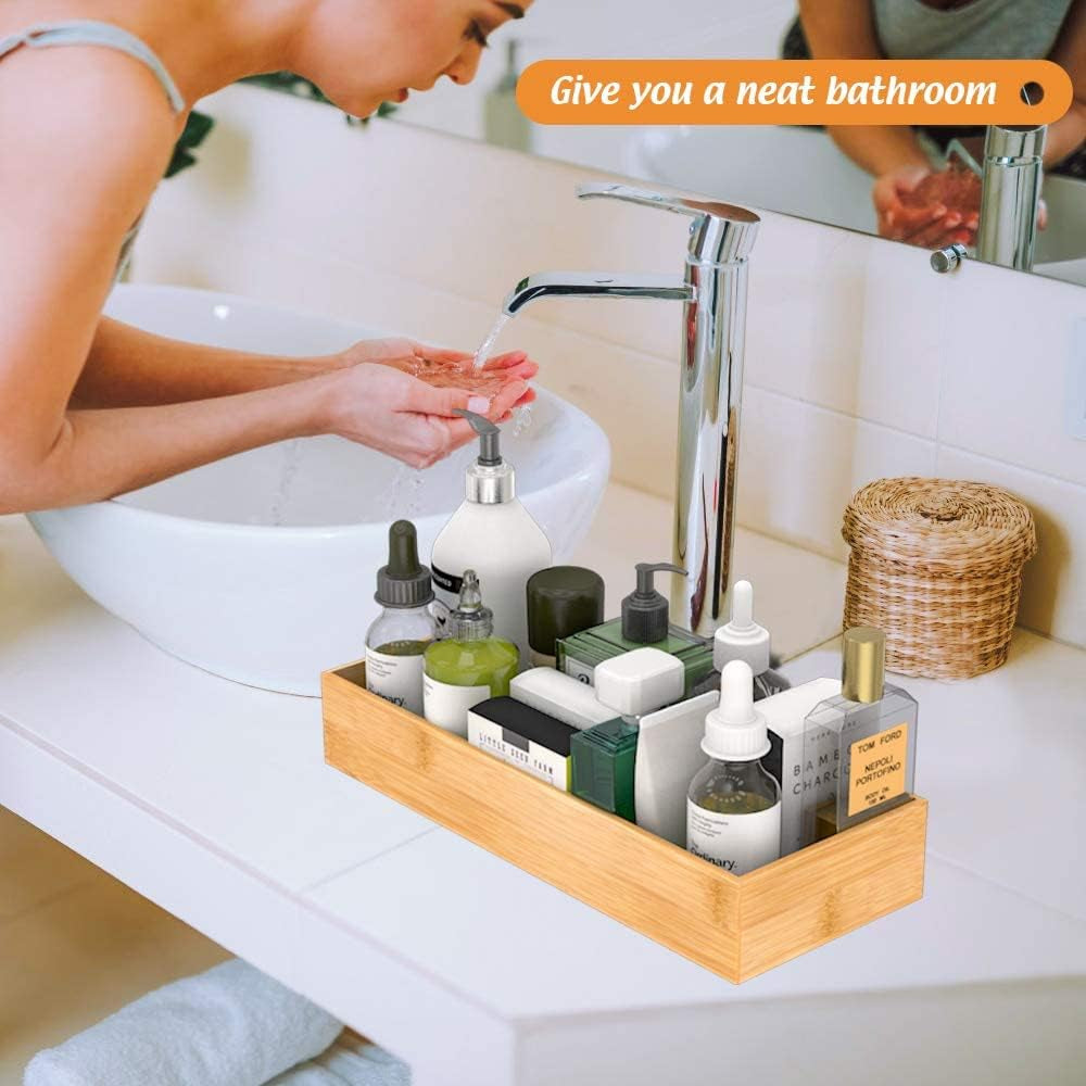 Bamboo Bathroom Vanity Tray Organizer - Rectangular Small Wood Storage Solution for Countertops and Drawers, Ideal for Toilet Paper and Guest Sink Decor, 15" x 6" x 2.5