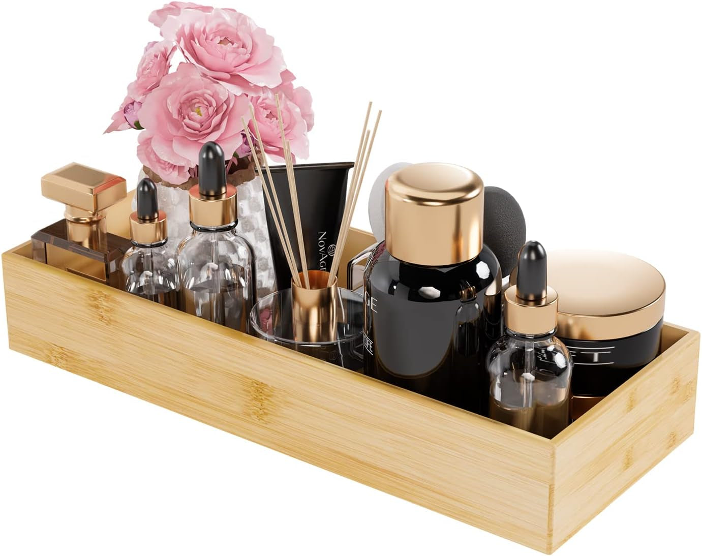 Bamboo Bathroom Vanity Tray Organizer - Rectangular Small Wood Storage Solution for Countertops and Drawers, Ideal for Toilet Paper and Guest Sink Decor, 15" x 6" x 2.5