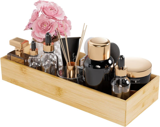 Bamboo Bathroom Vanity Tray Organizer - Rectangular Small Wood Storage Solution for Countertops and Drawers, Ideal for Toilet Paper and Guest Sink Decor, 15" x 6" x 2.5