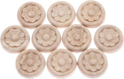 10-Pack Wood Carved Central Onlay Flower round Applique Decals for Cabinet Door Cupboard Furniture Decoration(4Cm/1.57")