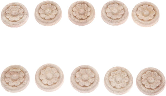 10-Pack Wood Carved Central Onlay Flower round Applique Decals for Cabinet Door Cupboard Furniture Decoration(4Cm/1.57")