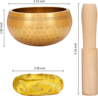 Tibetan Brass Singing Bowl Set — Healing Sound Bowl Made in Nepal for Meditation and Mindfulness (YELLOW)