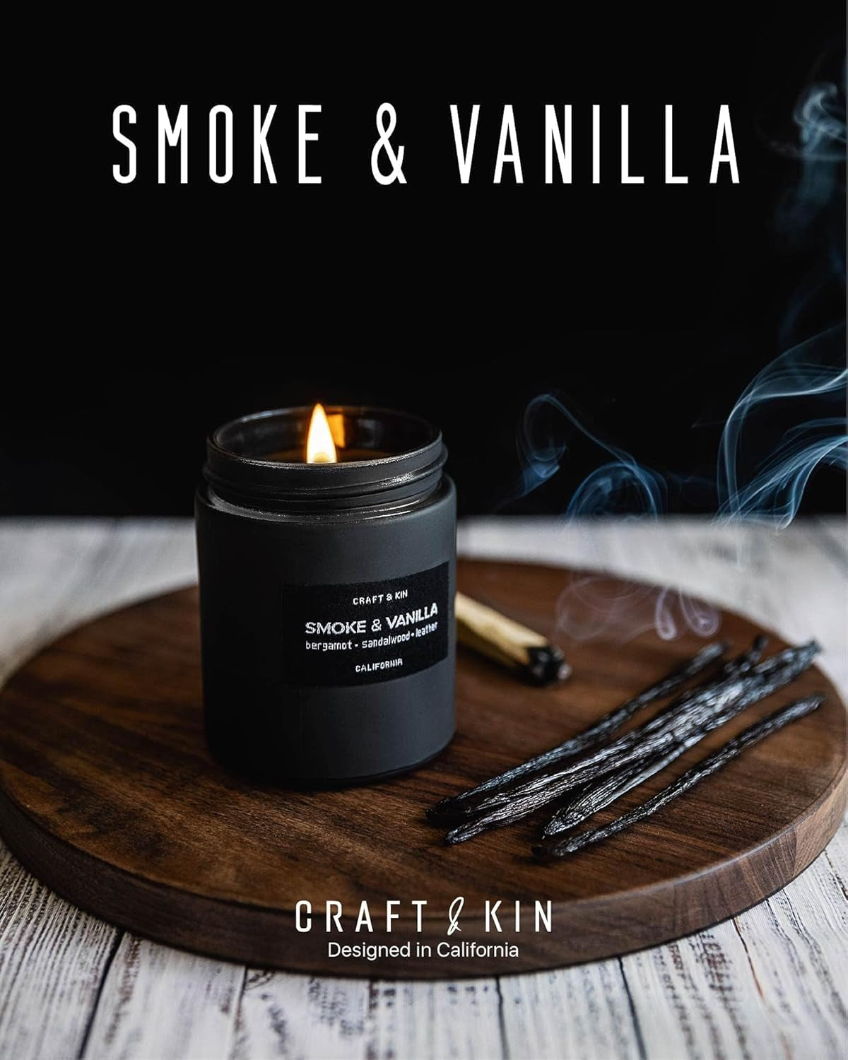 Premium Smoke and Vanilla Candle - Black Scented Candle for Men - Long-Lasting 45 Hour Burn Time, 7.6 Oz - Soy-Based Aromatherapy Candle - Ideal Gift for Men