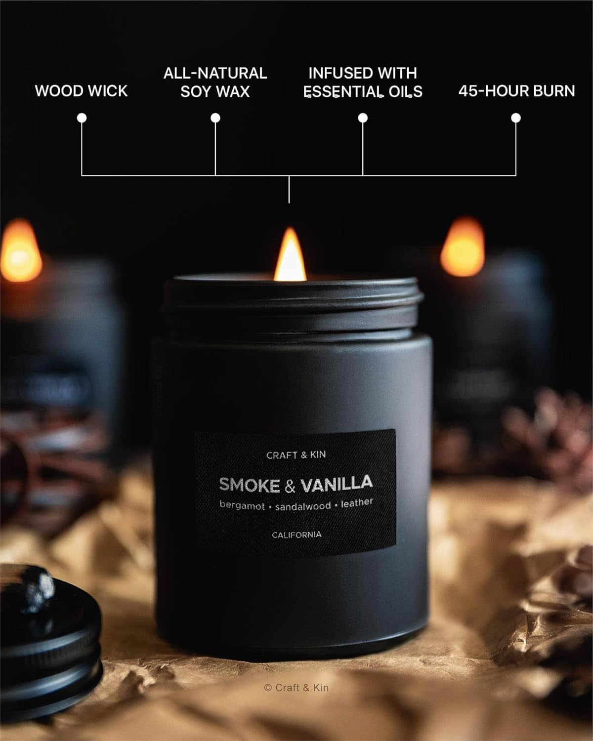 Premium Smoke and Vanilla Candle - Black Scented Candle for Men - Long-Lasting 45 Hour Burn Time, 7.6 Oz - Soy-Based Aromatherapy Candle - Ideal Gift for Men