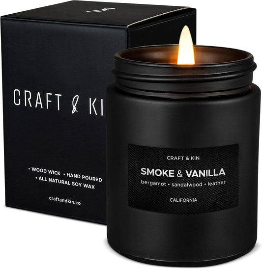 Premium Smoke and Vanilla Candle - Black Scented Candle for Men - Long-Lasting 45 Hour Burn Time, 7.6 Oz - Soy-Based Aromatherapy Candle - Ideal Gift for Men