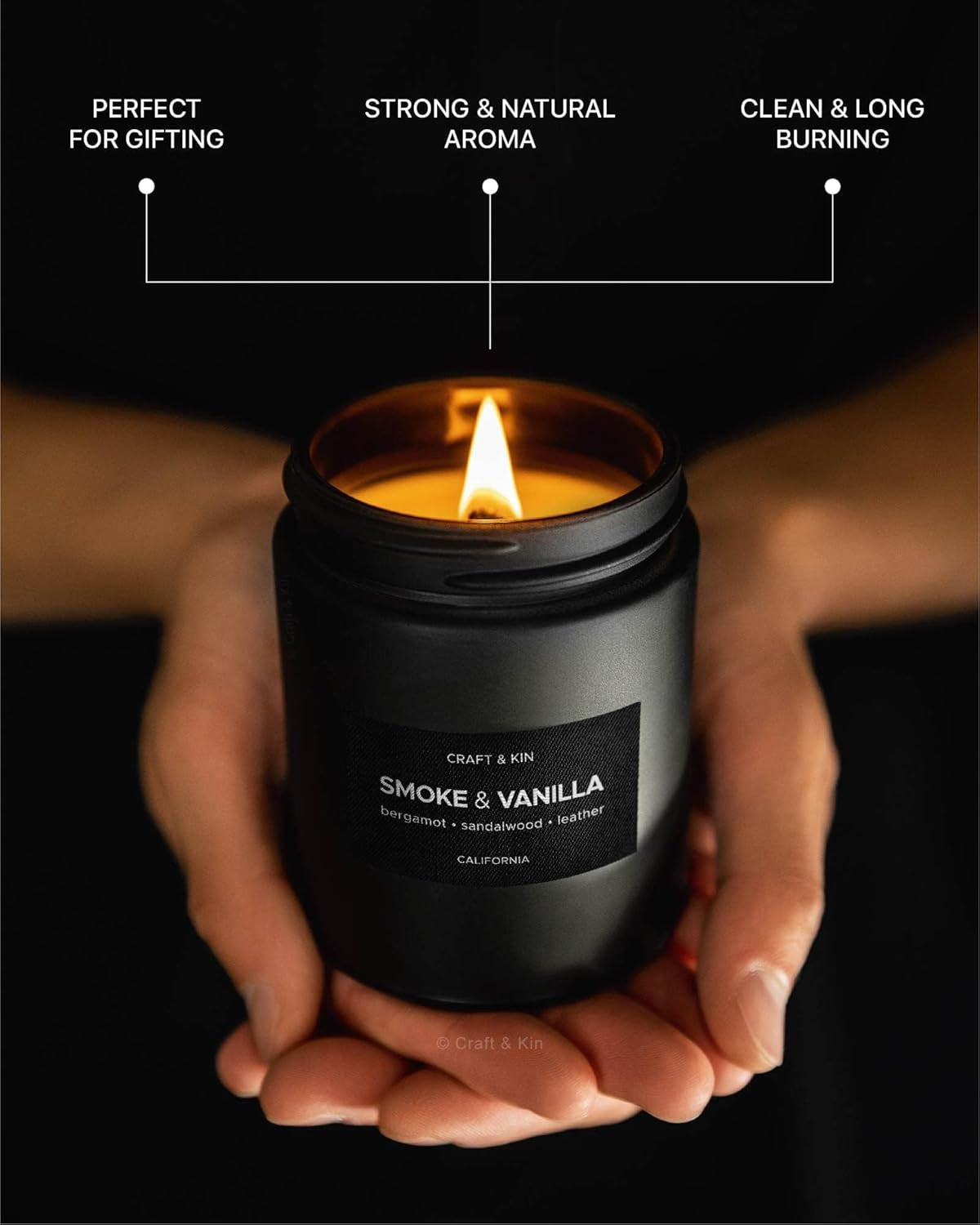 Premium Smoke and Vanilla Candle - Black Scented Candle for Men - Long-Lasting 45 Hour Burn Time, 7.6 Oz - Soy-Based Aromatherapy Candle - Ideal Gift for Men